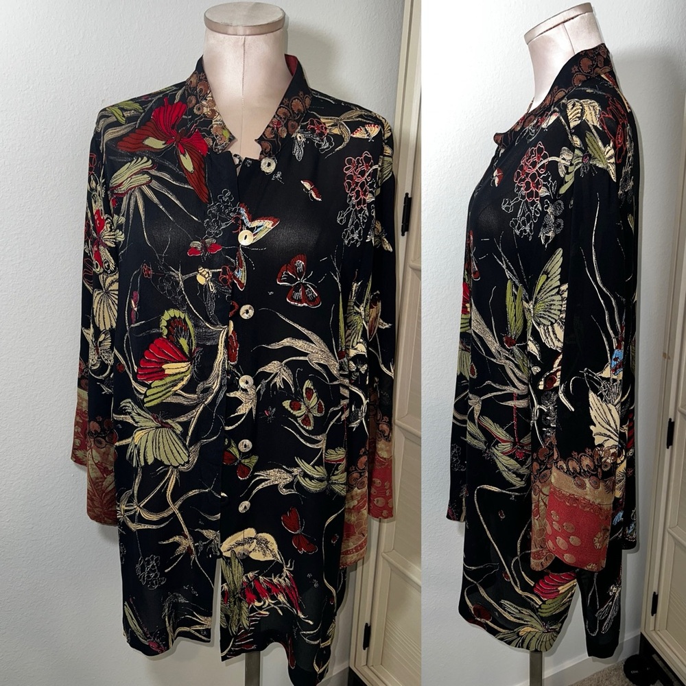 Citron 100% Silk Black Floral Button Down Blouse Sz 1X - Picture 2 of 15